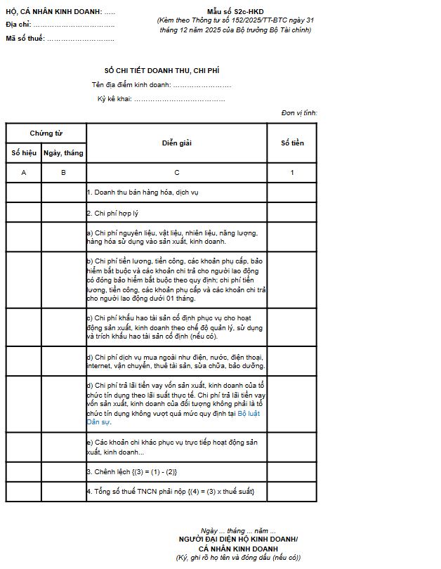 Thông tư số 152/2025/TT-BTC: Mẫu số S2c-HKD