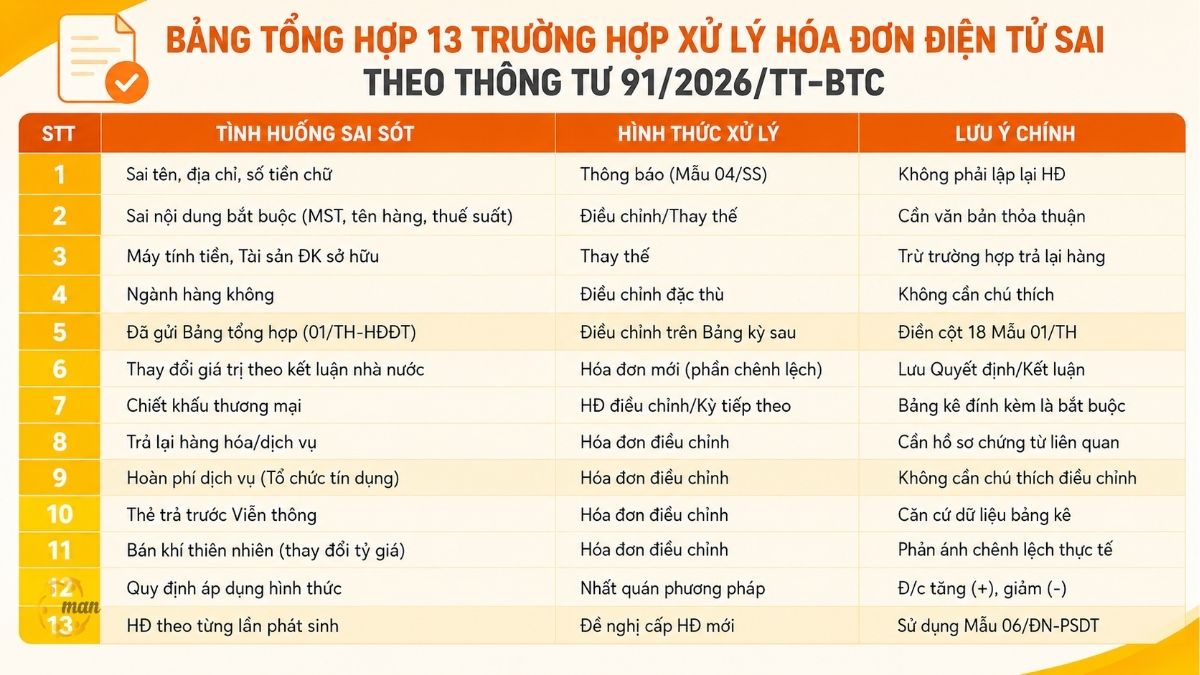 Bảng tổng hợp 13 trường hợp xử lý hóa đơn điện tử sai theo Thông tư 91/2026/TT-BTC