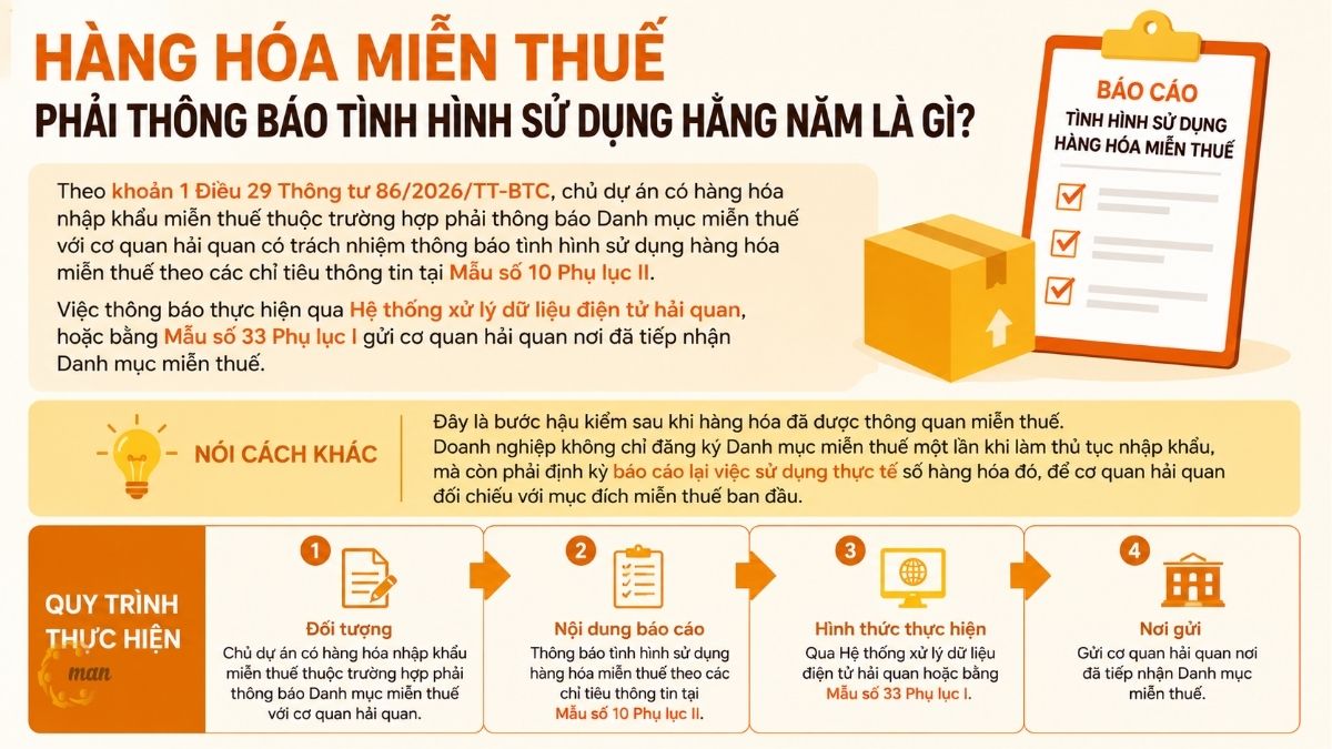 Thời hạn và tần suất thông báo tình hình sử dụng hàng hóa miễn thuế được quy định ra sao?