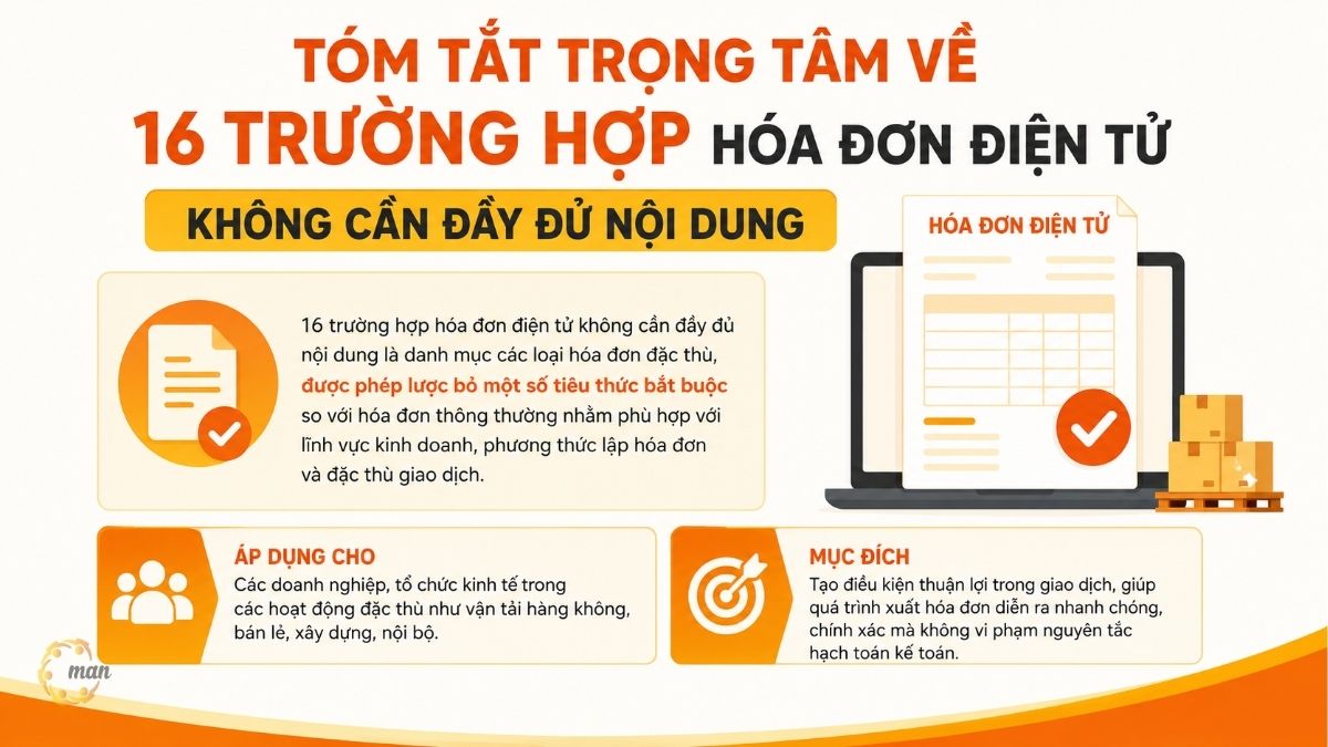 Tóm tắt trọng tâm về 16 trường hợp hóa đơn điện tử không cần đầy đủ nội dung