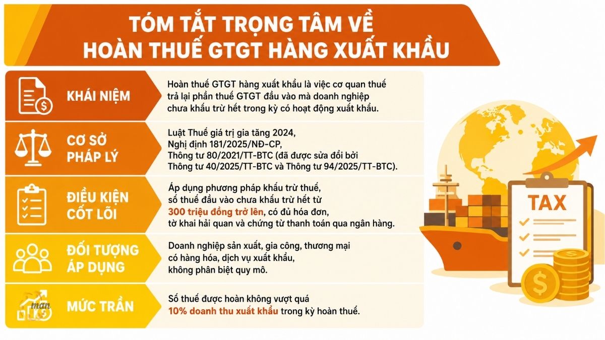 Tóm tắt trọng tâm về hoàn thuế GTGT hàng xuất khẩu
