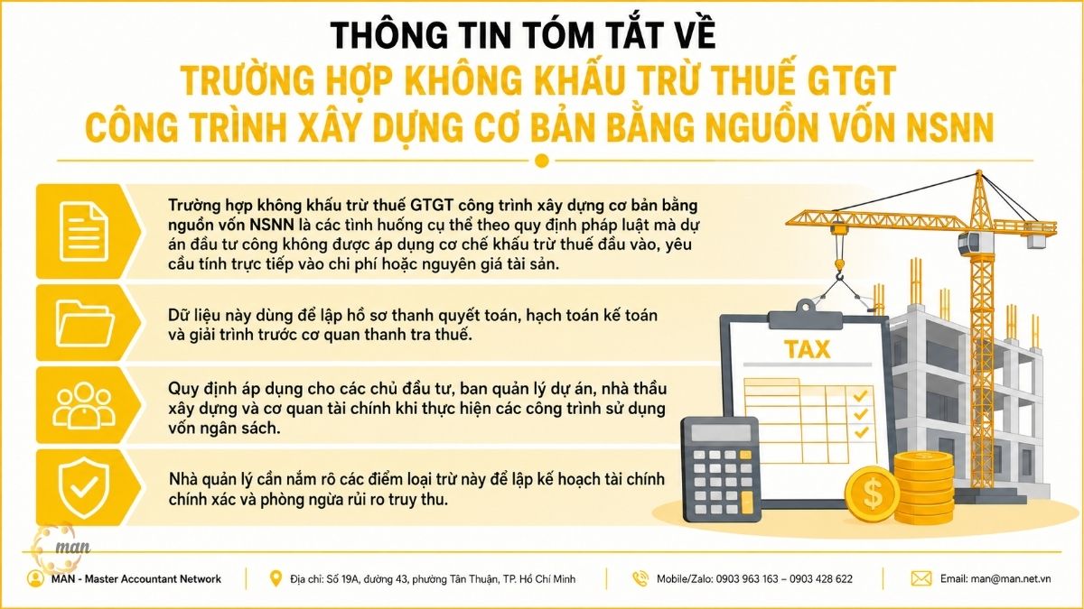 Thông tin tóm tắt về trường hợp không khấu trừ thuế GTGT công trình xây dựng cơ bản bằng nguồn vốn NSNN