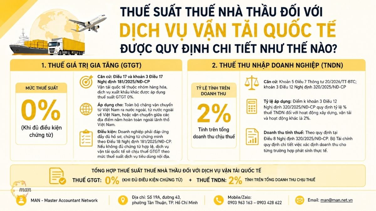Thuế suất thuế nhà thầu đối với dịch vụ vận tải quốc tế được quy định chi tiết như thế nào