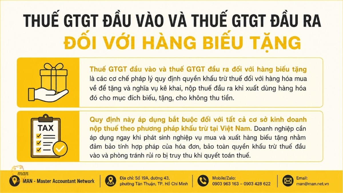Tóm tắt trọng tâm về thuế GTGT đầu vào và thuế GTGT đầu ra đối với hàng biếu tặng