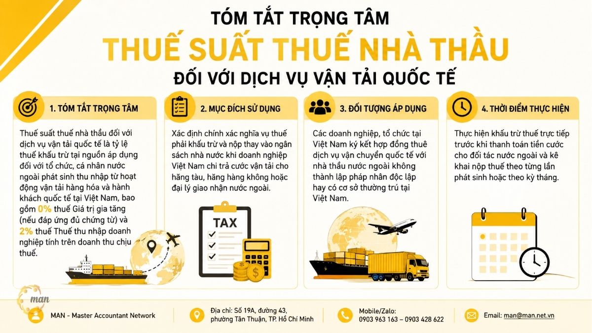 Tóm tắt trọng tâm về thuế suất thuế nhà thầu đối với dịch vụ vận tải quốc tế