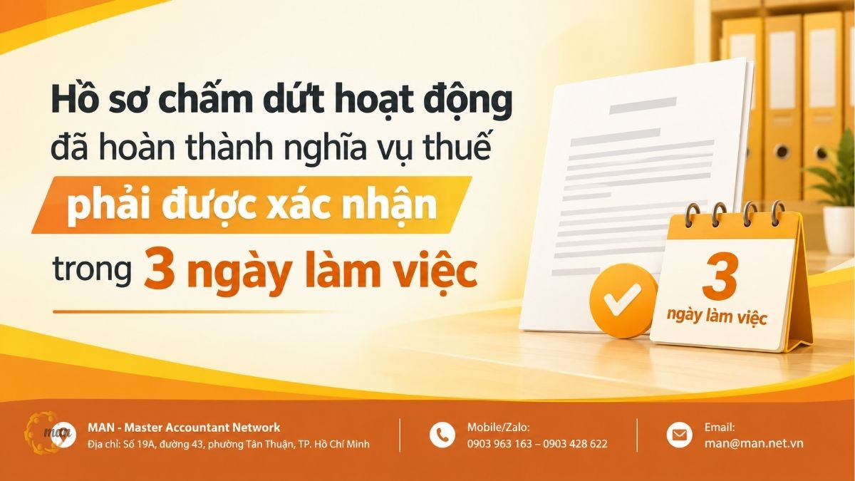 Hồ sơ chấm dứt hoạt động đã hoàn thành nghĩa vụ thuế phải được xác nhận trong 3 ngày làm việc