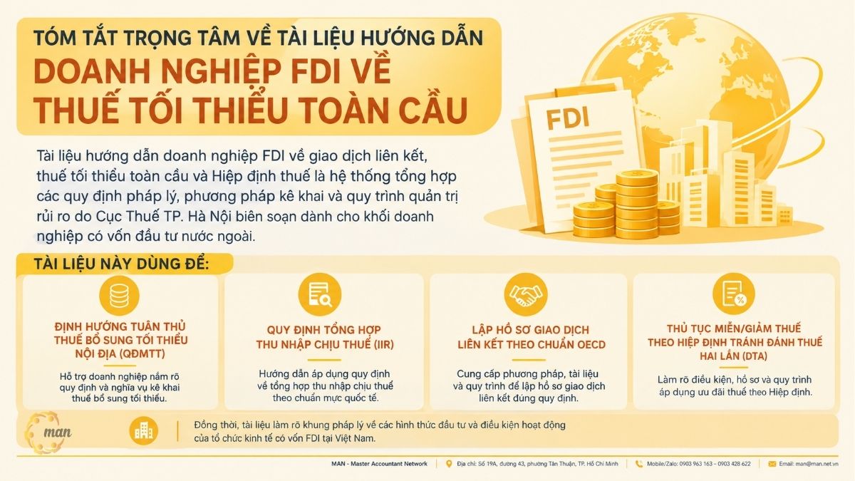 Tóm tắt trọng tâm về tài liệu hướng dẫn doanh nghiệp FDI về thuế tối thiểu toàn cầu, giao dịch liên kết và Hiệp định thuế của Thuế Hà Nội