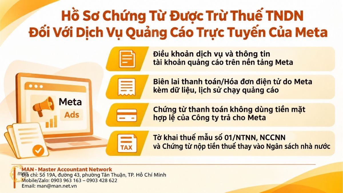 Hồ sơ chứng từ để được trừ thuế TNDN đối với dịch vụ quảng cáo trực tuyến của Meta gồm giấy tờ gì?