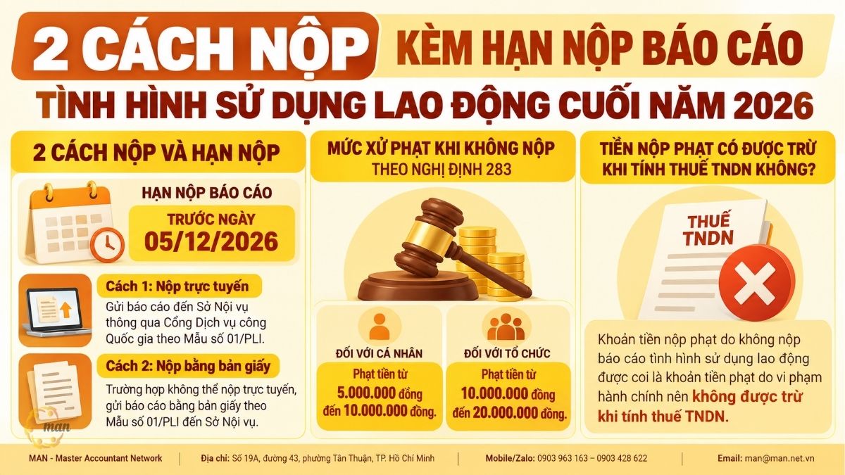 Tóm tắt trọng tâm về 2 cách nộp, hạn nộp báo cáo sử dụng lao động cuối năm 2026